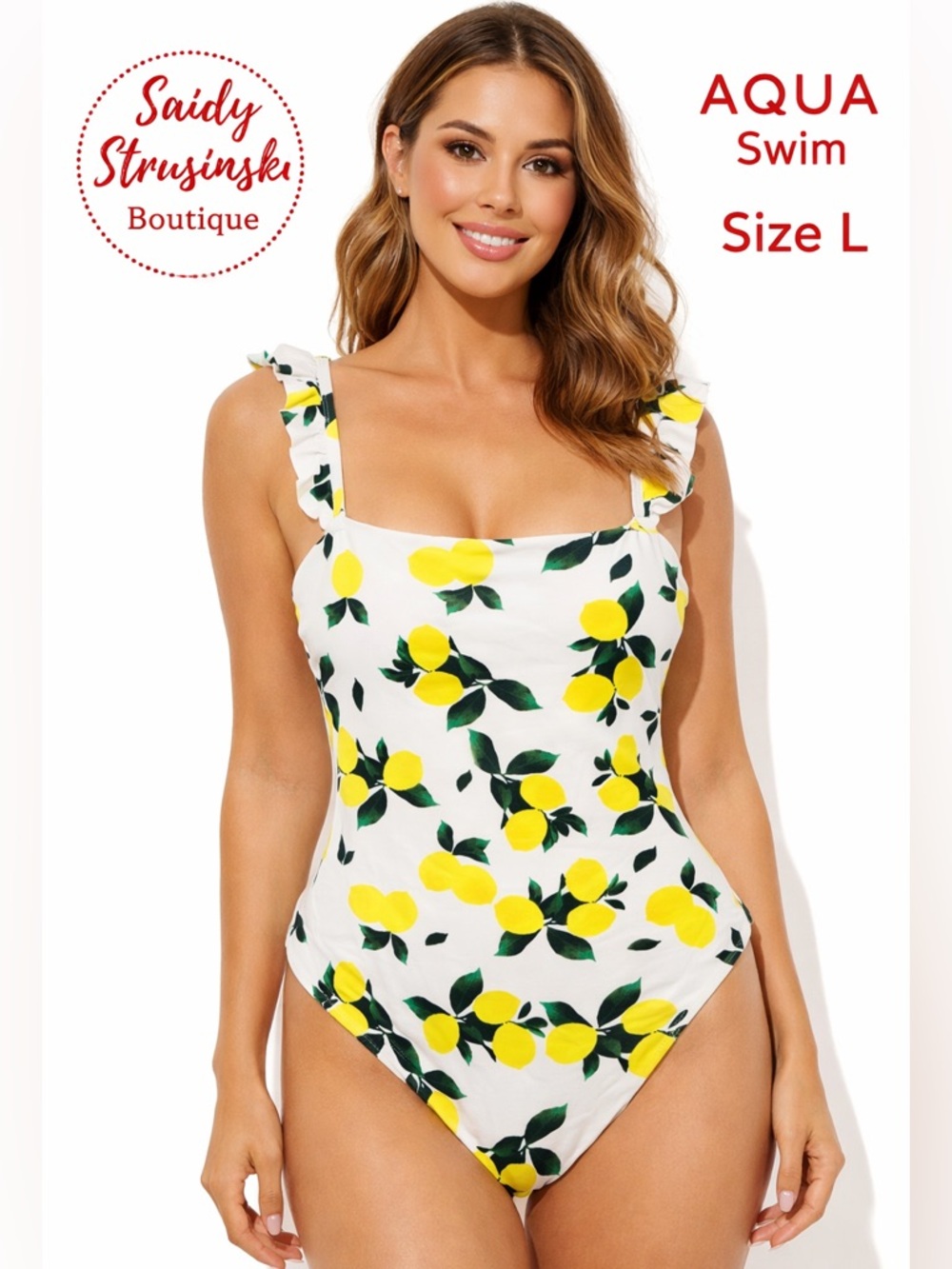 Aqua Swim Lemon Print One Piece Swimsuit Size L Ruffle Strap Summer